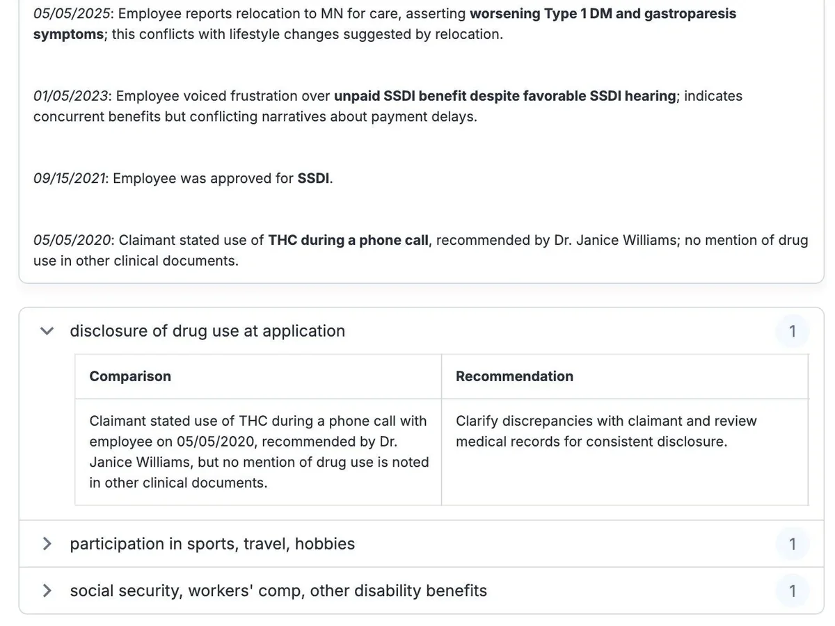 FocusGrid: issues on a claim that need the assessor's attention before a decision, each with a recommended next step