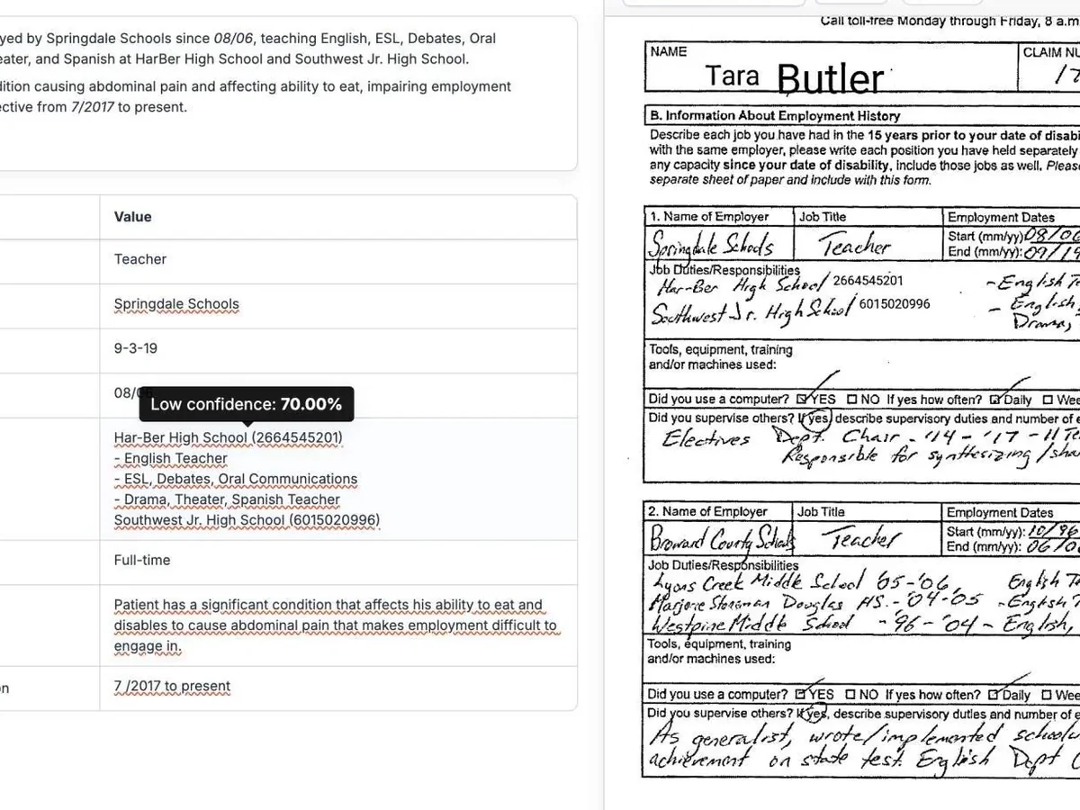Fields read from a handwritten form, one flagged at 70% confidence, beside the source page