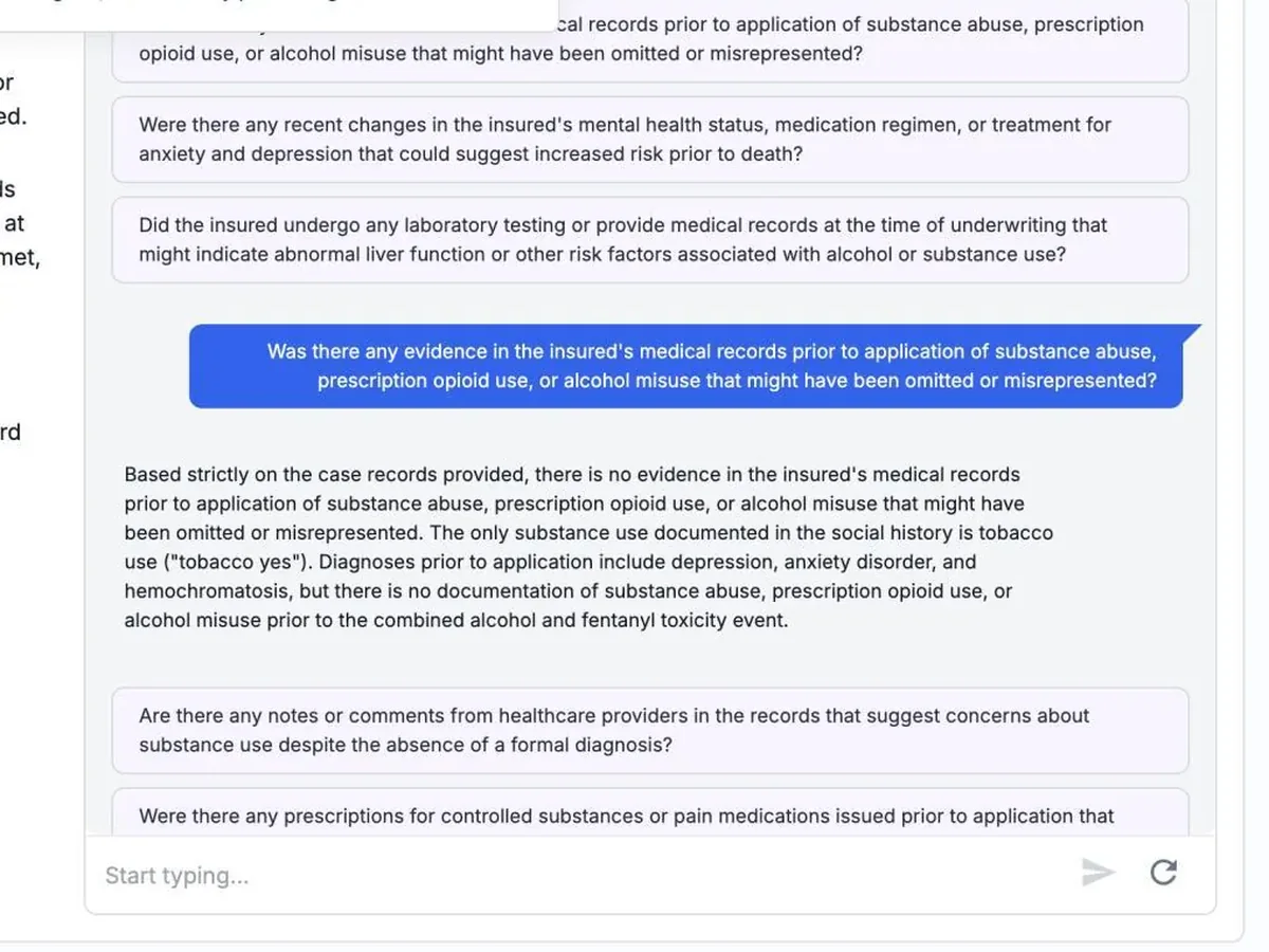 A claim narrative next to a chat answering questions about the file