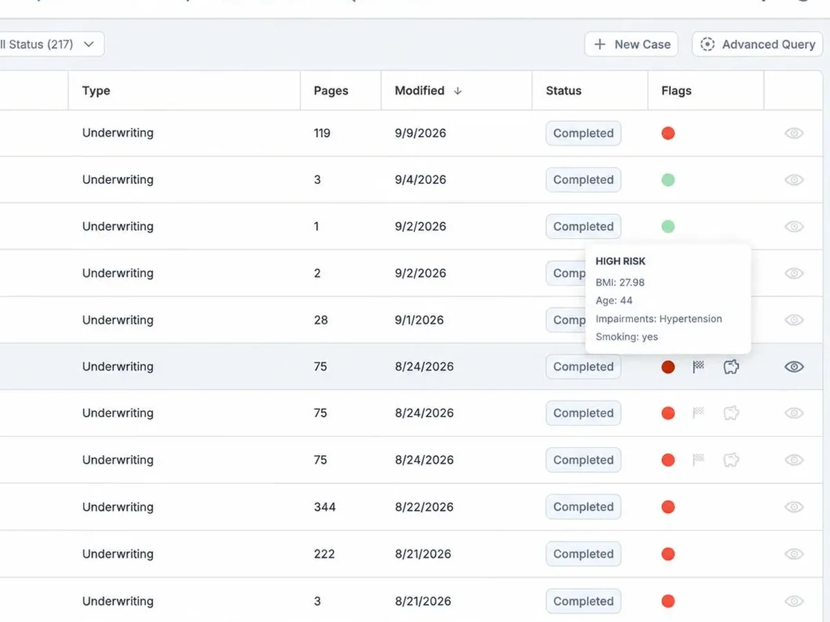 The case queue with risk flags and a high-risk summary on hover