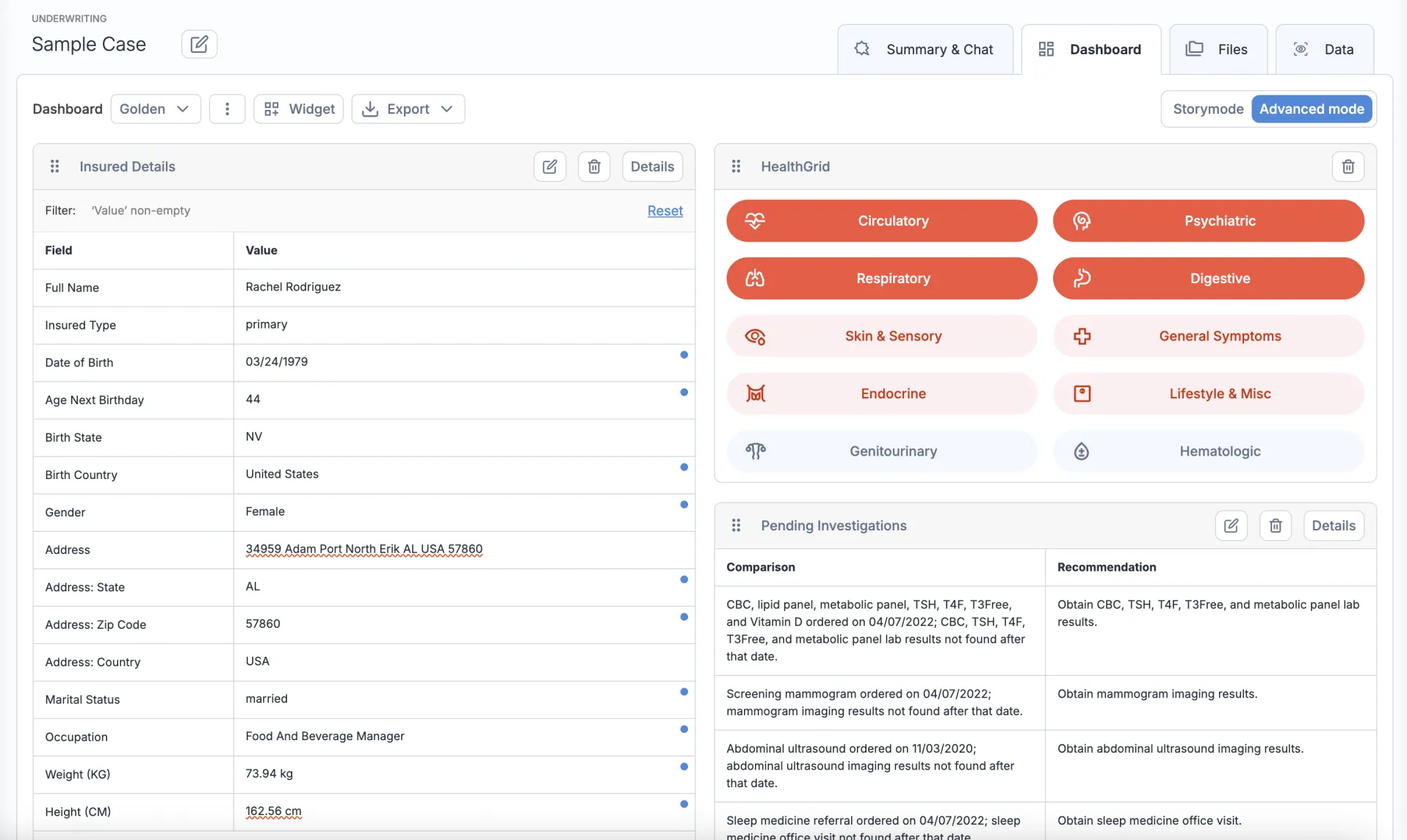 Friendly case dashboard with the insured's details, a HealthGrid of impairment categories and pending investigations