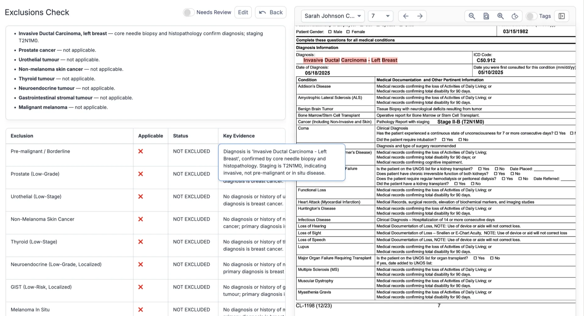 An exclusions check marking each policy exclusion as applicable or not, with key evidence from the claim form