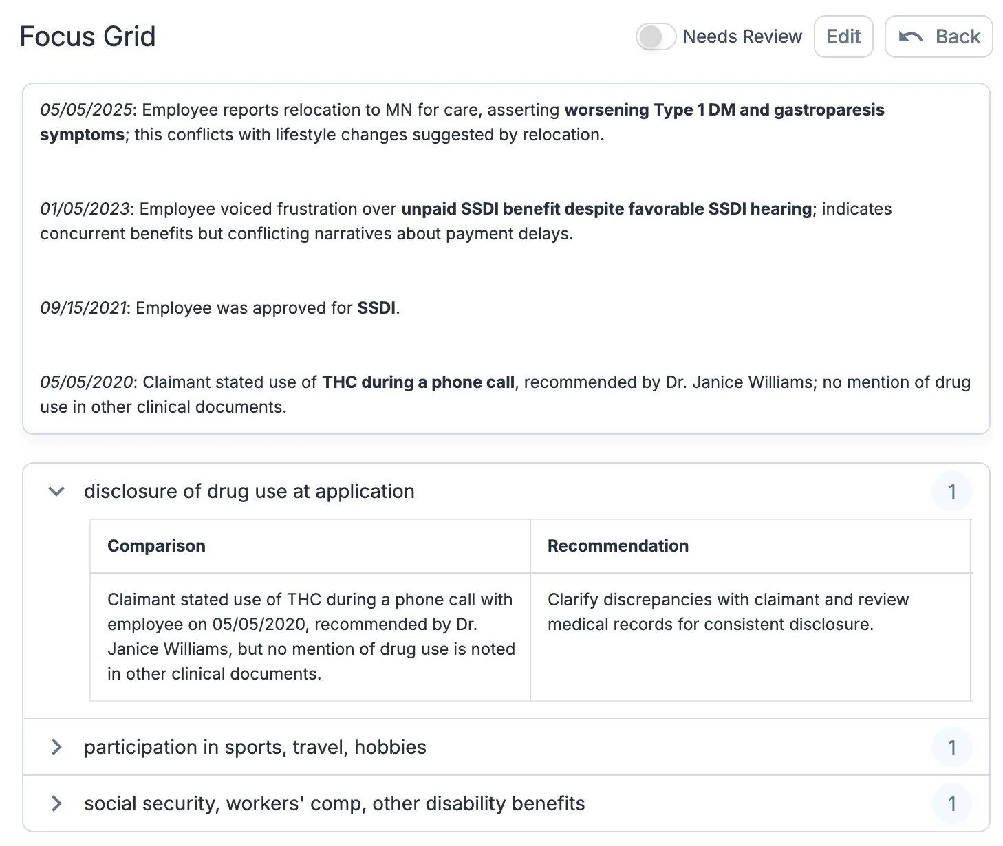 FocusGrid: issues on a claim that need the assessor's attention before a decision, each with a recommended next step