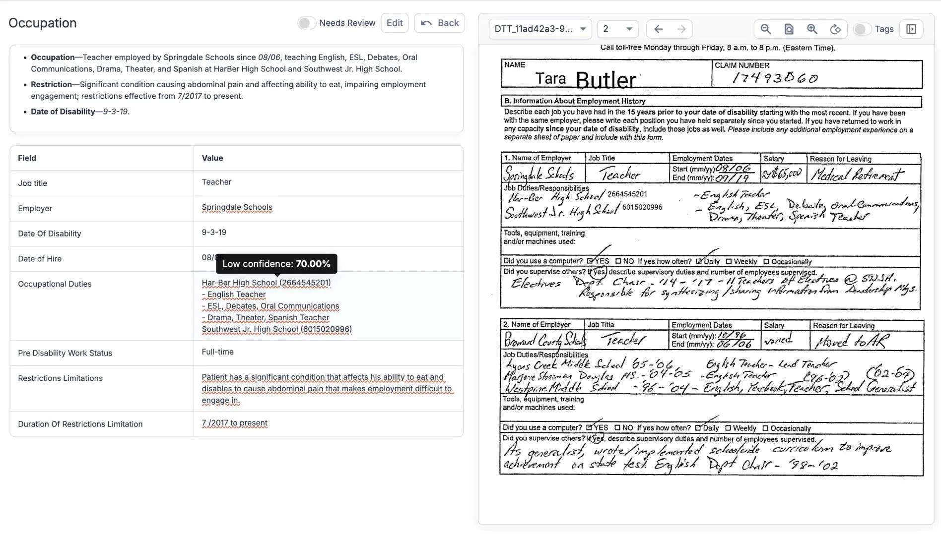 Fields read from a handwritten form, one flagged at 70% confidence, beside the source page