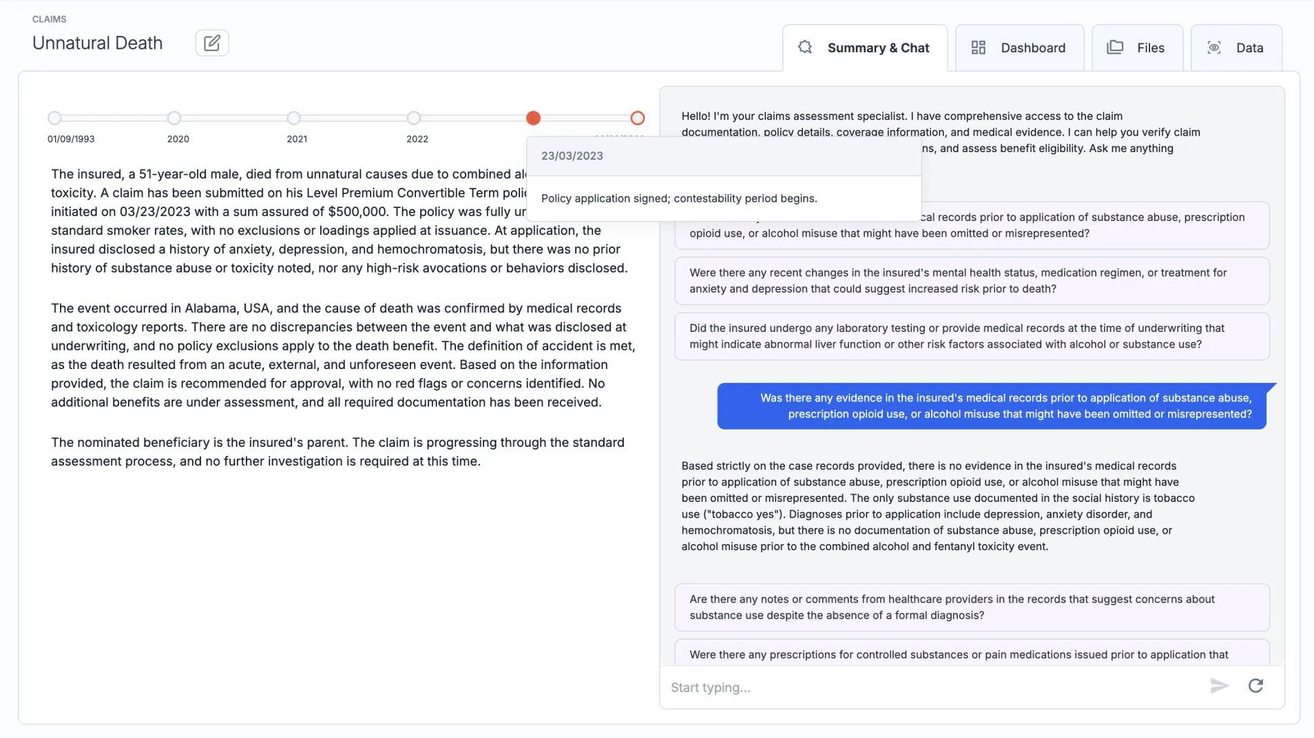 A claim narrative with its timeline, next to a chat answering questions about the file