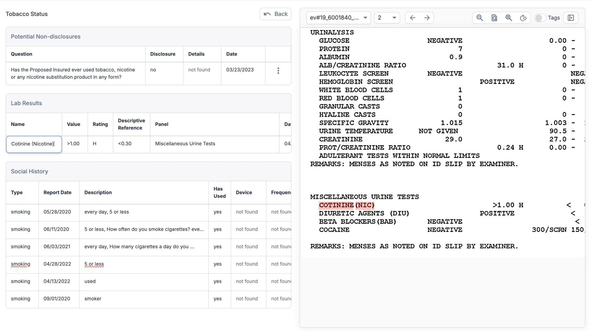 A tobacco non-disclosure: the application says no, while a cotinine result in the lab report says otherwise
